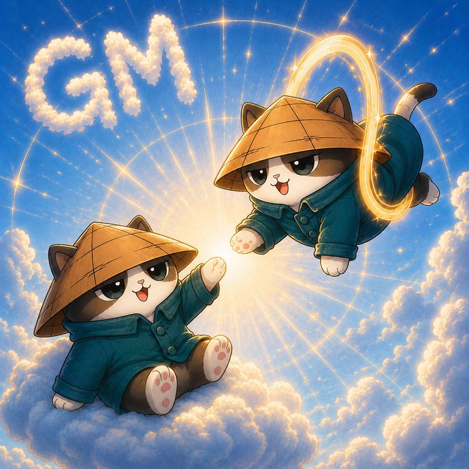 An anime-style illustration of two adorable cats wearing conical hats and teal jackets, with 'GM' written in clouds and one cat wielding a glowing ring in the sky.