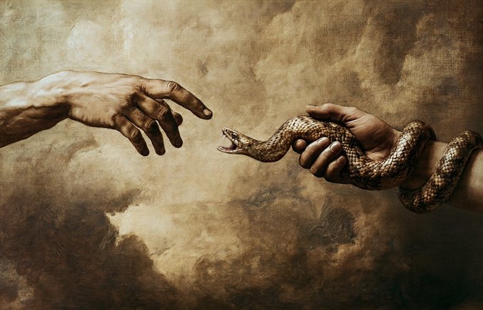 An artistic illustration showing two hands, one bare on the left and one holding a snake on the right, reaching toward each other against a cloudy, sepia-toned background reminiscent of Michelangelo's 'Creation of Adam.'