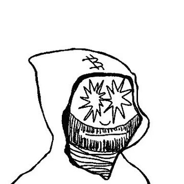 A black and white line drawing of a hooded figure with star-shaped eyes and a smiling face underneath.