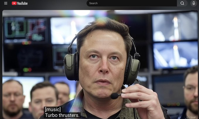 A YouTube interface shows a thumbnail of Elon Musk wearing headphones and speaking into a microphone, with the caption '[music] Turbo thrusters.' visible at the bottom.