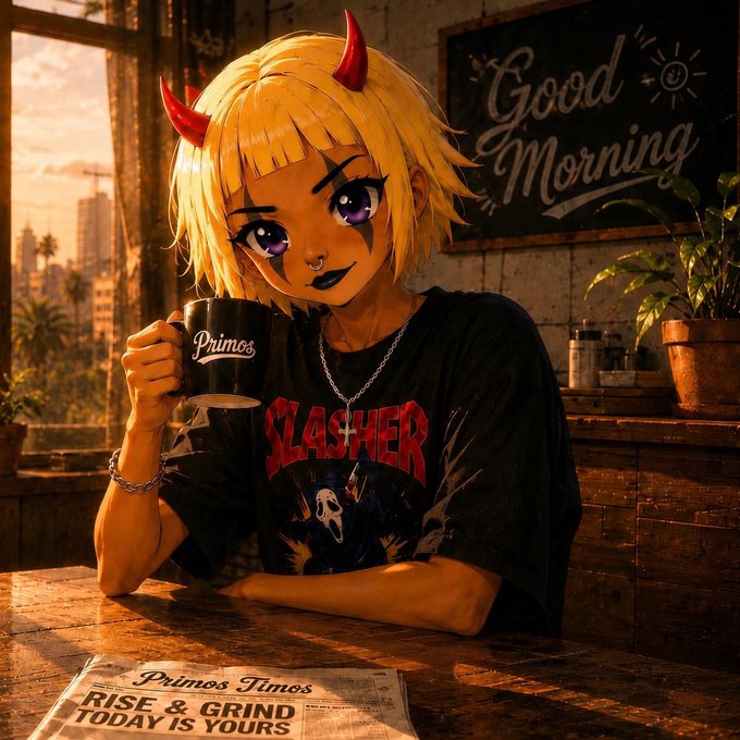 An anime-style illustration of a blonde girl with red horns drinking from a 'Primos' mug, wearing a 'SLASHER' shirt, with 'Good Morning' on a sign and 'RISE & GRIND TODAY IS YOURS' on a newspaper.