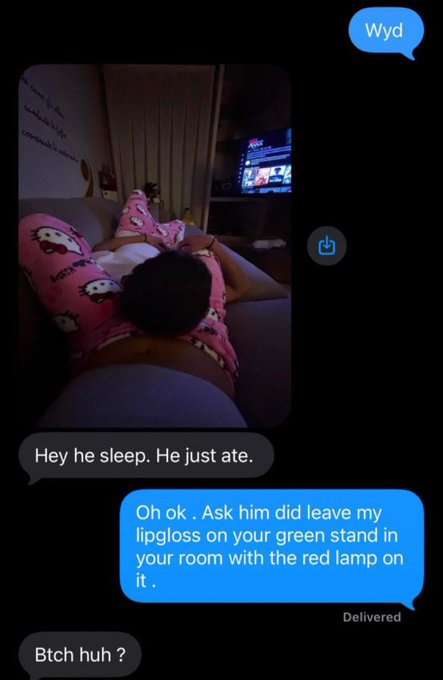 A text message exchange shows someone asking "Wyd" with a photo of a person in pink Hello Kitty pajamas lying on a couch, captioned "Hey he sleep. He just ate." The sender then asks if "he" left their lipgloss on a green stand with a red lamp, to which the reply "Btch huh?" aligns with the post's warning about not playing with "bch."