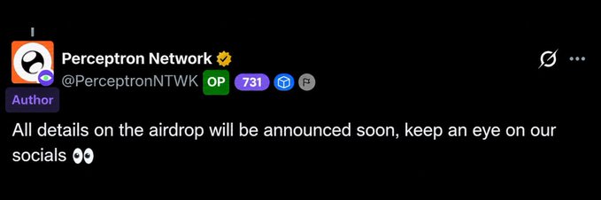 A screenshot of a tweet from the official Perceptron Network account (@PerceptronNTWK), verified with a yellow checkmark and "Author" tag, stating "All details on the airdrop will be announced soon, keep an eye on our socials 👀" alongside the 731-staked OP badge, teasing upcoming TGE and airdrop details referenced in the accompanying post.