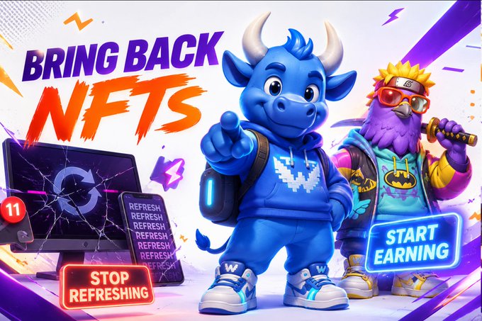 A colorful promotional graphic reads 'BRING BACK NFTS' with 'STOP REFRESHING' and 'START EARNING' buttons, featuring a blue cartoon bull character and a purple furry character in anime/streetwear style.