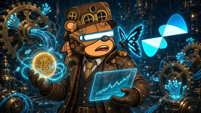 A steampunk-styled figure wearing goggles holds a glowing Bitcoin coin in one hand and a holographic chart in the other, surrounded by gears and a futuristic blue tech background featuring a butterfly and a pie chart logo. The image visually complements the post's themes of crypto analytics on Quip, highlighting Bitcoin and Ethereum alongside on-chain statistics.