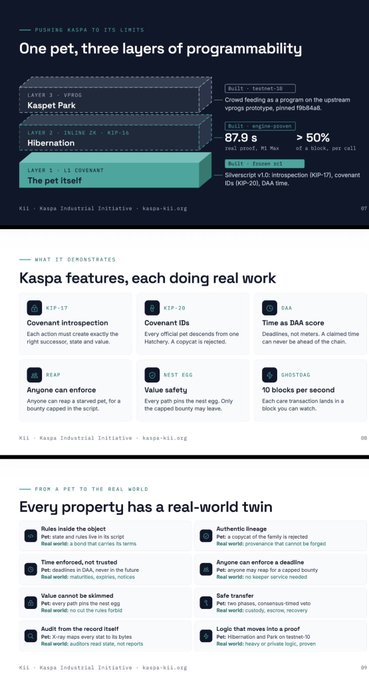 Presentation slides titled 'One pet, three layers of programmability' and 'Kaspa features, each doing real work' and 'Every property has a real-world twin' from kaspa-kii.org, detailing KII- Kaspa Industrial Initiative.