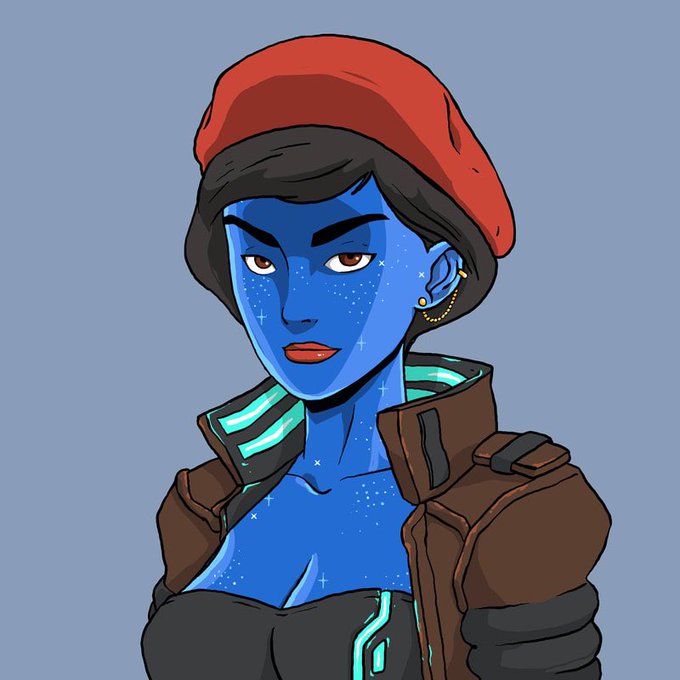 A digital illustration of a blue-skinned female character with star-like markings on her face, wearing a red beret, gold earrings, and a brown jacket.