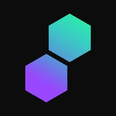A minimalist logo featuring two overlapping hexagons on a black background, with one hexagon in a cyan-to-blue gradient and the other in a purple-to-blue gradient.
