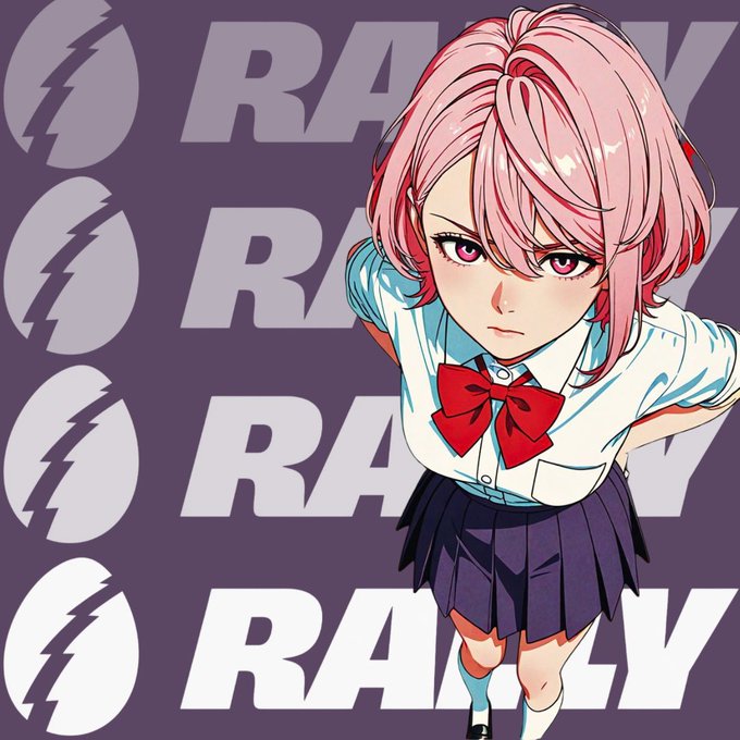 The image features a cartoon girl with pink hair wearing a white shirt, red bow, and purple skirt standing against a purple background that says "Rally" in white letters. The girl appears to be posing for the camera or looking at something off-camera.