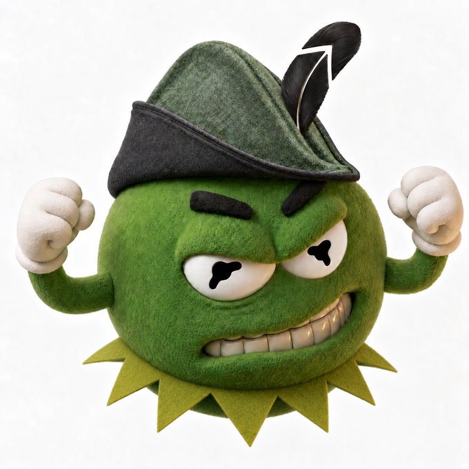 A 3D-rendered angry green round character wears a Tyrolean-style green hat with a feather, displaying clenched white fists and a grimacing mouth with a jagged green base.