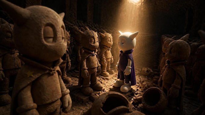 A stop-motion style scene showing a small, white, cat-like figure in a purple cape standing illuminated by a beam of light, surrounded by shadowy, clay-like figures in a dark, cavernous setting.