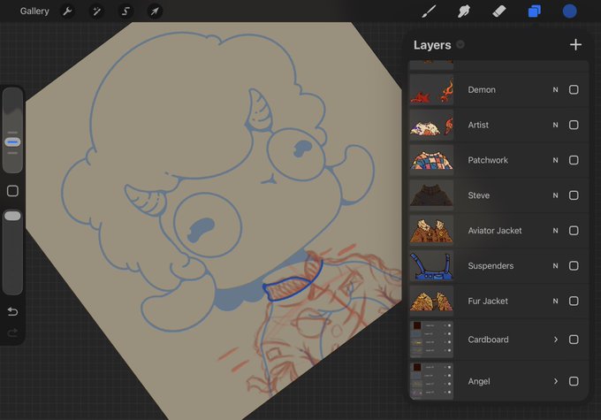 A digital drawing app screenshot showing a cartoon character with glasses being sketched, with a layers panel listing options like "Demon," "Artist," "Aviator Jacket," and "Angel."