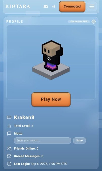 KINTARA app profile screen for user 'Kraken8' showing a voxel-style avatar, Total Level 5, zero friends online, and a 'Play Now' button.