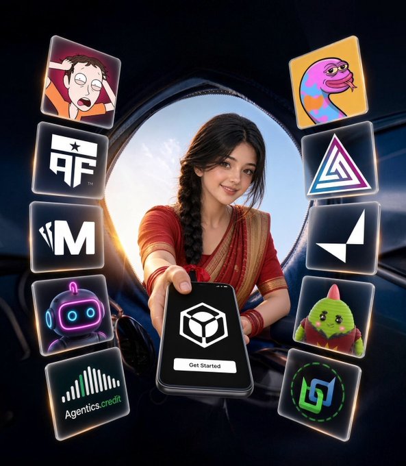 An AI-generated illustration depicts a smiling woman in a red sari holding a smartphone displaying a "Get Started" logo, surrounded by various app icons including one for "Agentics credit".