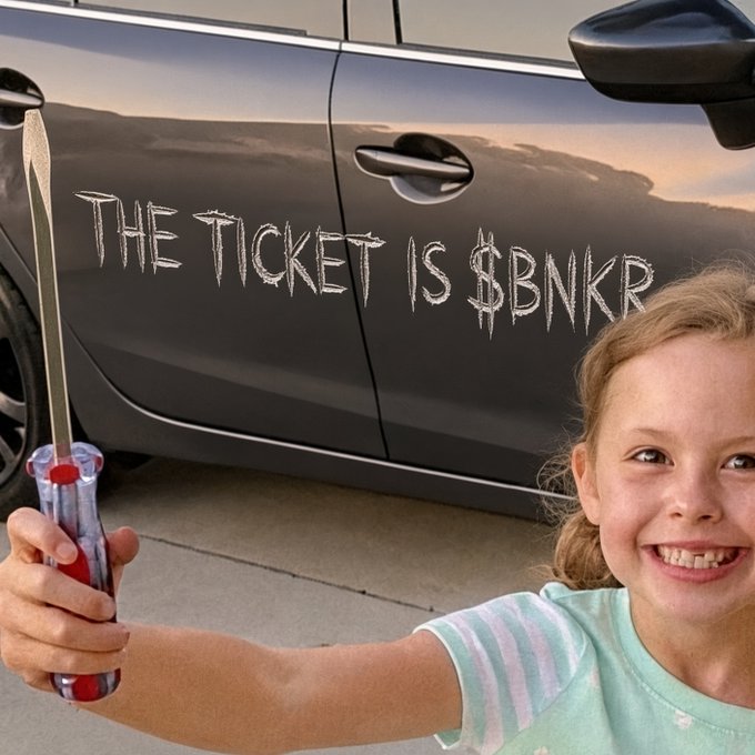 A young girl smiling and holding a screwdriver in front of a black car door with the text 'THE TICKET IS $BNKR' written in what appears to be toothpaste or white cream.