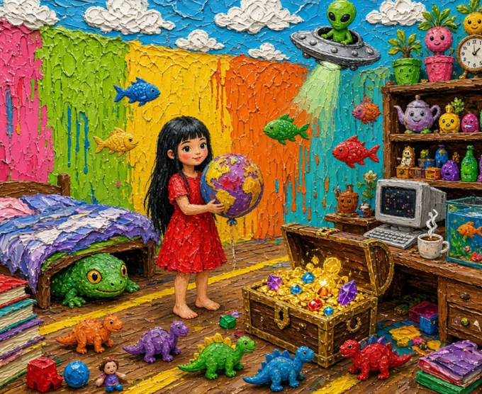 A vibrant, textured painting depicts a young girl in a red dress holding a globe in a colorful bedroom filled with dinosaurs, toys, a treasure chest, and an alien in a flying saucer.