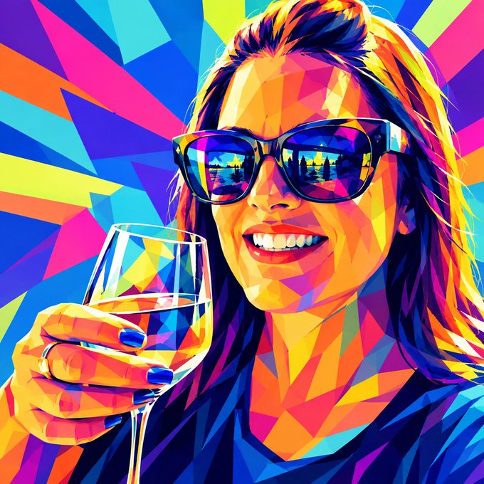 A vibrant pop art-style illustration features a smiling woman with blonde hair and blue sunglasses holding a wine glass against a colorful geometric background, fitting the playful, trendy aesthetic of a VeeFriends PFP profile picture. No text or numbers are visible in the image itself, but the bold, expressive style aligns with the iconic NFT art vibe mentioned in the post.