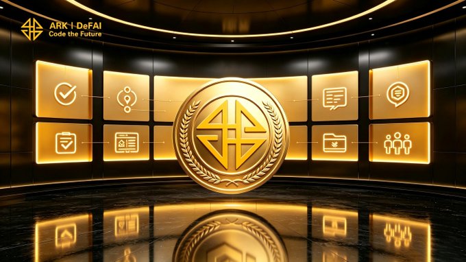 A futuristic golden display room features a large central ARK coin medallion surrounded by eight illuminated icons representing tools like checkmarks, chat, people, and profiles, with "ARK i-DeFAI - Code the Future" branded in the top left corner, visually symbolizing the app's comprehensive ecosystem of AI-powered tools for builders.