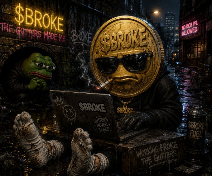 A stylized AI-generated urban illustration showing a gold coin character wearing sunglasses and smoking, with a laptop displaying '$BROKE - GUTTERS NEVER SLEEP', alongside a Pepe-like green character, with neon '$BROKE' signage in the background.
