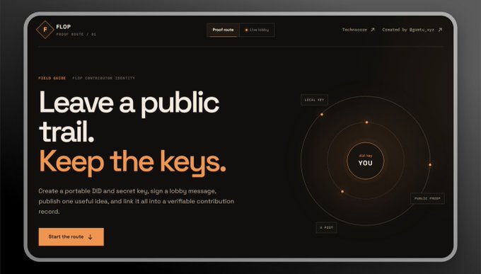 A dark-themed landing page for the FLOP Proof Route displaying the tagline 'Leave a public trail. Keep the keys.' with a circular diagram showing Local Key, Public Proof, and Post components.