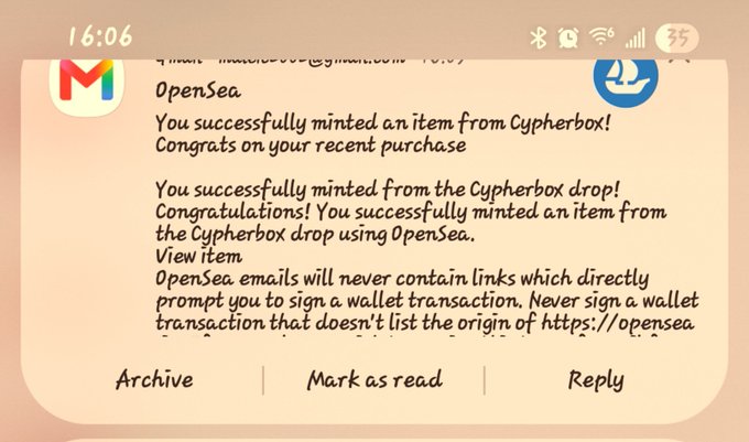 A screenshot of a Gmail notification from OpenSea stating 'You successfully minted an item from Cypherbox! Congrats on your recent purchase'.
