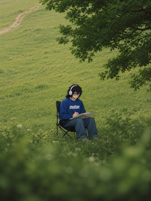 A young person with glasses and headphones sits on a folding chair in a grassy field under a tree, writing in a notebook while wearing a blue sweatshirt that reads "motion"—visually reinforcing the post's message about staying in motion.