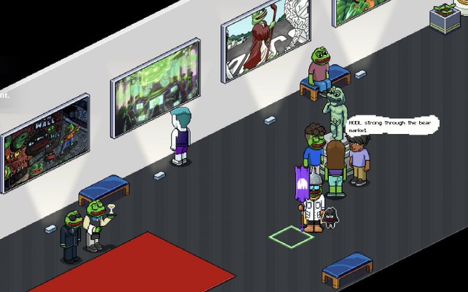 An isometric pixel art scene depicts an art gallery with zombie-like figures viewing paintings on the walls, featuring a character with a purple shirt who says "HEEE, strong through the bear market!" in a speech bubble.