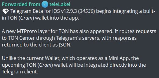 A Telegram message forwards news from 'teleLakel' about Telegram Beta for iOS v12.9.3 integrating a built-in TON (Gram) wallet into the app.