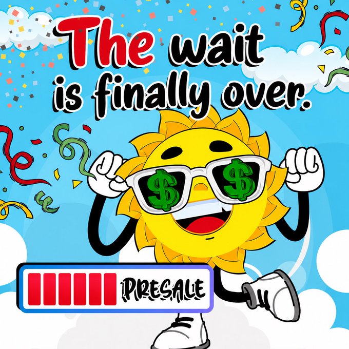 A cheerful cartoon sun wearing dollar-sign sunglasses celebrates a presale launch, with text reading "The wait is finally over" and a "PRESALE" progress bar below, promoting the Summer Token ($SUMMER) Solana meme coin that the post is highlighting as an early investment opportunity before launch.