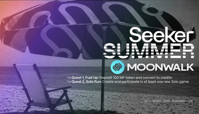 Beach scene with a striped umbrella and chair, advertising a 'Seeker SUMMER MOONWALK' event with quests to deposit 100 MF tokens and play a Solo Run game.