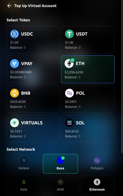 A black phone screen displays a list of virtual currency options, including Bitcoin and Etherium, with their respective balances and token types.