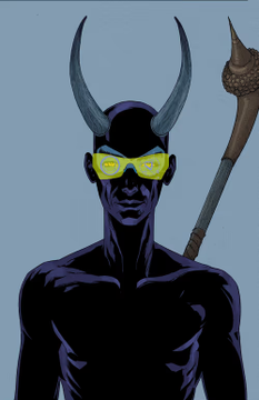 An illustrated blue-skinned horned character wearing yellow sunglasses and holding a staff stands against a plain blue background.