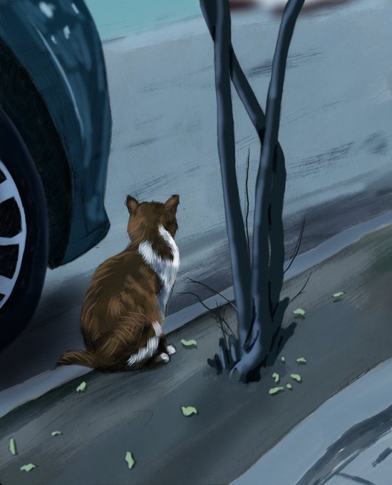 A digital painting titled "The Silent Observer" depicting a small brown and white cat sitting on a sidewalk next to a bare sapling and parked car, gazing thoughtfully into the street. The artwork is listed for sale at 0.013 ETH on Transient, capturing a quiet, contemplative moment of urban solitude.