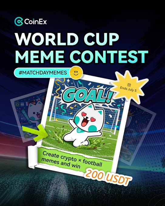 The image features a poster for a World Cup meme contest with a cat mascot jumping into the air. The poster includes text that reads "World Cup Meme Contest" and "MatchdayMemes", as well as an image of the cat mascot. The poster also mentions a prize pool of 200 US dollars, which is shared among five participants in the challenge.
