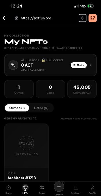 Mobile screenshot of actfun.pro NFT collection page showing 'My NFTs' with 1 owned unrevealed Genesis Architect #1718 and a claimable balance of 45,005 ACT tokens.