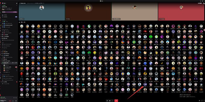 A screenshot of a Discord application interface on Windows showing a server with numerous custom emoji icons displayed in a grid layout.