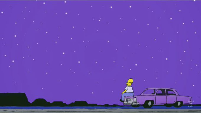 A Simpsons-style cartoon illustration shows a character sitting on the bumper of a purple car under a starry purple night sky.