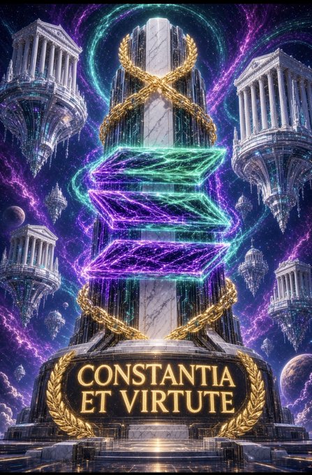 A vibrant fantasy artwork depicting a futuristic floating city with classical architecture and glowing neon structures, featuring a banner at the base that reads 'CONSTANTIA ET VIRTUTE'.
