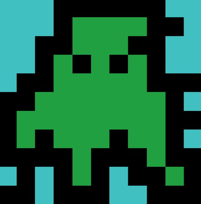 A pixel art image featuring a green, creature-like figure with two eye-like black squares, set against a black and cyan background—resembling a retro video game boss sprite that matches the "Cthulhu Boss" NFT artwork collected by the user.