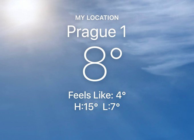 A weather widget showing Prague 1 at 8°, feels like 4°, with a high of 15° and low of 7° against a blue sky background.