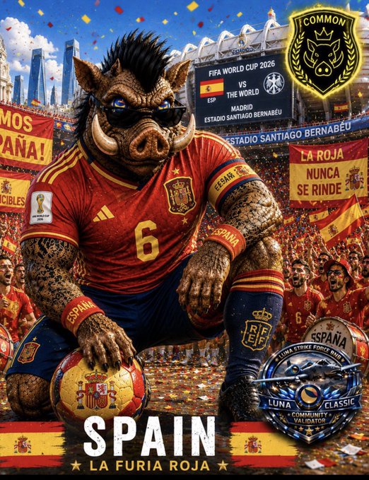 A vibrant FIFA World Cup 2026 promotional graphic featuring an anthropomorphic boar in sunglasses wearing a Spain national team #6 jersey, with 'ESP vs THE WORLD' and 'LA FURIA ROJA' text.