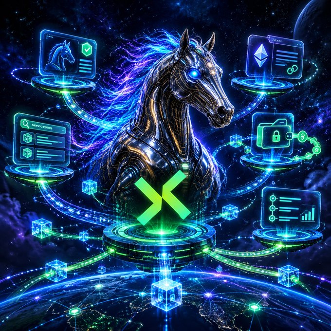 A futuristic digital artwork shows a metallic robotic horse with glowing blue accents, surrounded by floating holographic interface panels displaying crypto and data elements, with a green 'X' logo at the center.