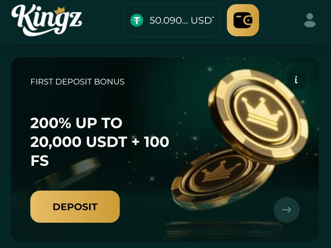 A mobile screenshot of the 'Kingz' gambling platform advertises a 'FIRST DEPOSIT BONUS' of '200% UP TO 20,000 USDT + 100 FS' next to gold coin graphics.