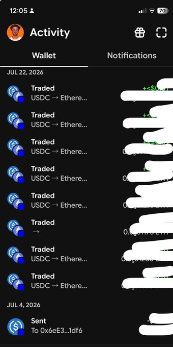 A screenshot of a crypto wallet activity log showing multiple USDC to Ethereum trades from July 2026, with the specific amounts and values whited out.