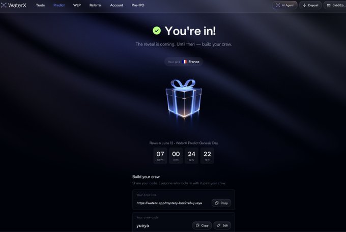 The image is a screenshot of an interface with the words "You're In" at the top and "@WaterX_app" in the bottom right corner. The screenshot also features an inline advertisement, which appears to be related to the AI project that is being discussed on Twitter. This AI project is focused on creating artificial intelligence natively within a trading platform called @SuiNetwork. The core highlight of this project is its ability to integrate account permissions, fund isolation, automated execution, and on-chain settlement for a more efficient and streamlined trading experience.