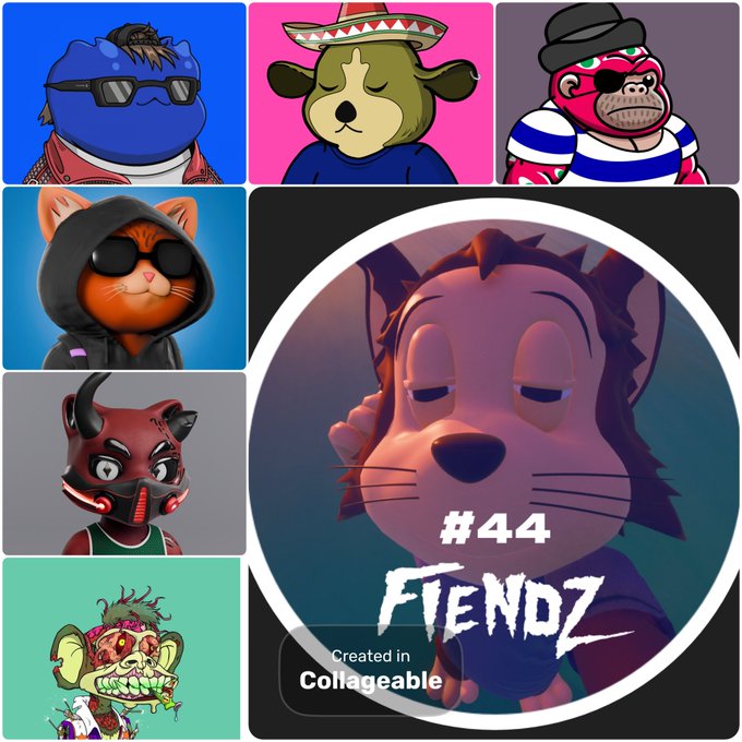 A collage of cartoon NFT-style characters is displayed, with the central image being a tired-looking cat labeled '#44 FIENDZ' and 'Created in Collageable'.