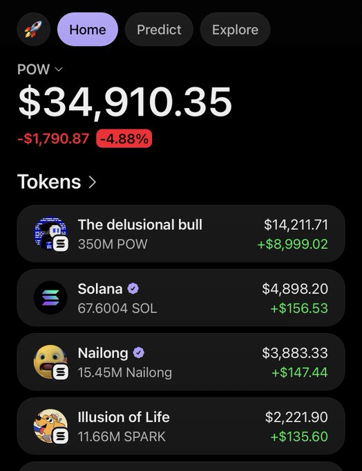 A crypto portfolio tracker displays POW wallet holdings of $34,910.35, up $8,999.02 (+4.88% in 24 hours), with top token positions including "The delusional bull" ($14,211.71), Solana ($4,898.20), Nailong ($3,883.33), and "Illusion of Life"/SPARK ($2,221.90) — supporting the claim that @traderpow's wallet value has surged from under $20k to over $34k in one day.