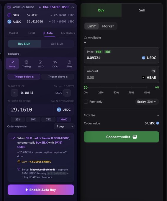 A cryptocurrency trading interface showing holdings for SILK and USDC, with an auto-buy order setup to purchase SILK when the price falls below 0.0014 USDC.