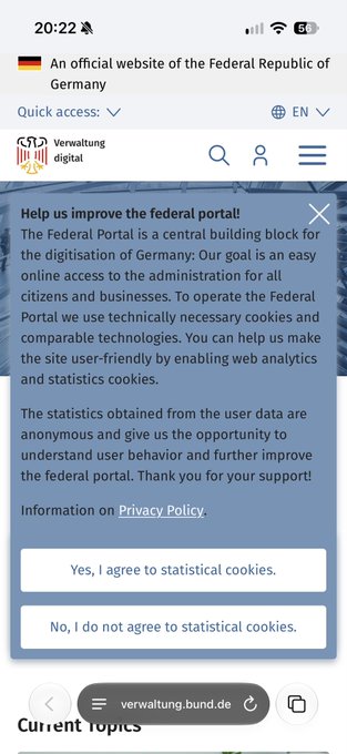 A mobile screenshot of the German Federal Portal (verwaltung.bund.de) showing a cookie consent popup with options 'Yes, I agree to statistical cookies' and 'No, I do not agree to statistical cookies' over a notice about improving the federal portal.