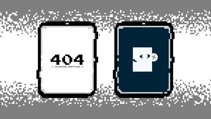 Pixel art illustration displaying two books side by side: a white book showing "404 > Pixelated Identities!" and a dark blue book with a small sad face icon with an X eye.